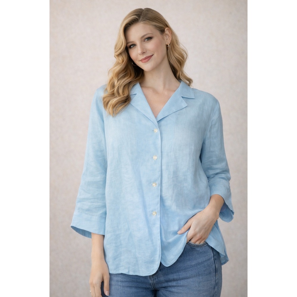 WB10 Talbots Irish Linen Button Front Long Sleeve‎ Shirt Womens Size 16 Sky Blue